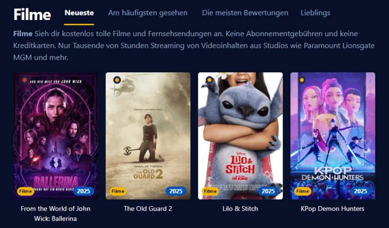 Screenshot der Filmpalast-Benutzeroberflaeche die verschiedene Filmtitel und Serienepisoden anzeigt